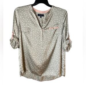 Bariloche Spain Women’s Satin Gray Speckled Roll Tab Sleeve Blouse Sz 14